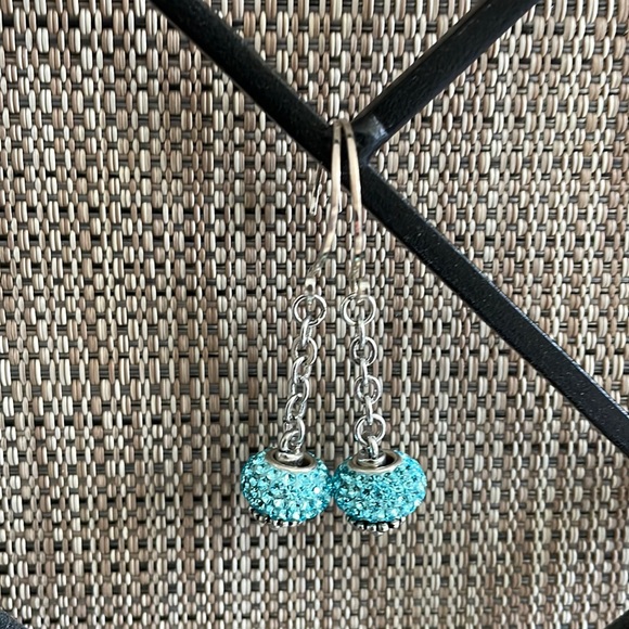 Jewelry - Aqua colored faux crystal sterling silver wire hanging earrings.